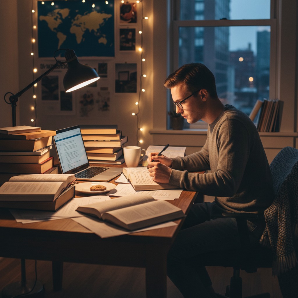 Ein junger Mann mit Brille lernt abends an einem Schreibtisch, der mit Büchern, einem Laptop und einer Schreibtischlampe beleuchtet ist.